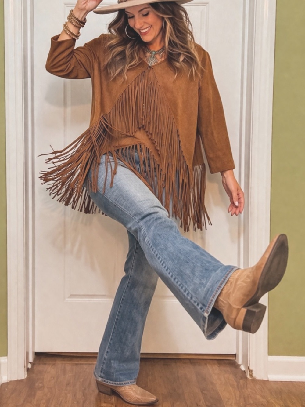 Grace & Lace Faux Suede Fringe Top Western Boho Brown Size S (Runs M)
